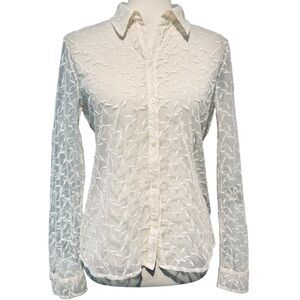 Cream Sheer Floral Blouse by Lauren Ralph Lauren, Size L, Button Front Top